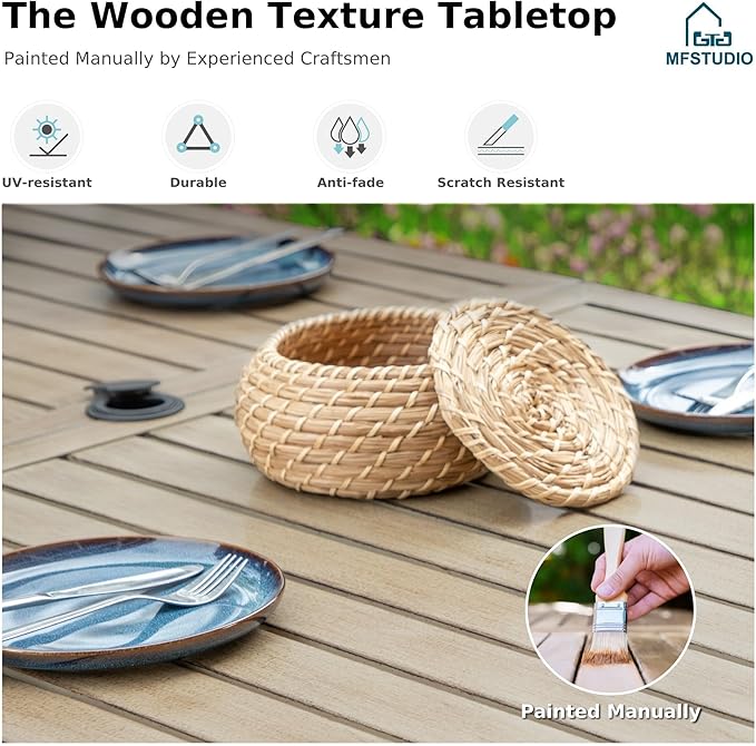 MFSTUDIO Patio Table and Chairs Set of 6, Outdoor Dining Set for 6 with Umbrella Hole, Outdoor Patio Furniture Set for Deck, Backyard, Poolside & Garden