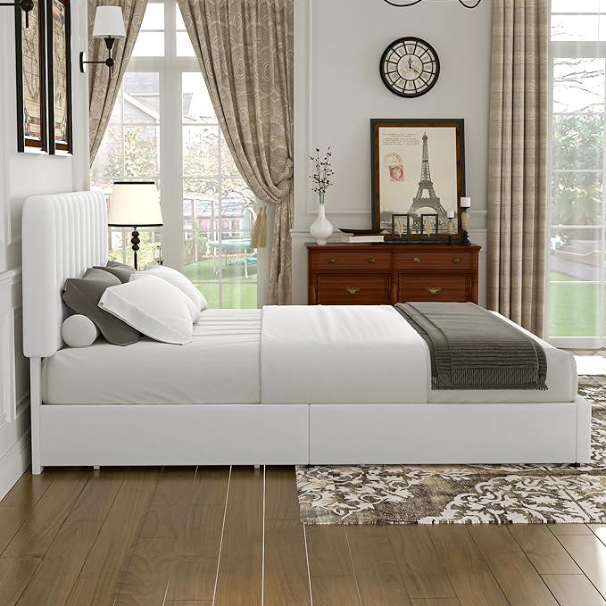 VECELO Queen Size Upholstered Bed Frame with 4 Drawers and Headboard, Velvet Platform Storage Bedframe, Wooden Slats Support, No Box Spring Needed,Snow-White