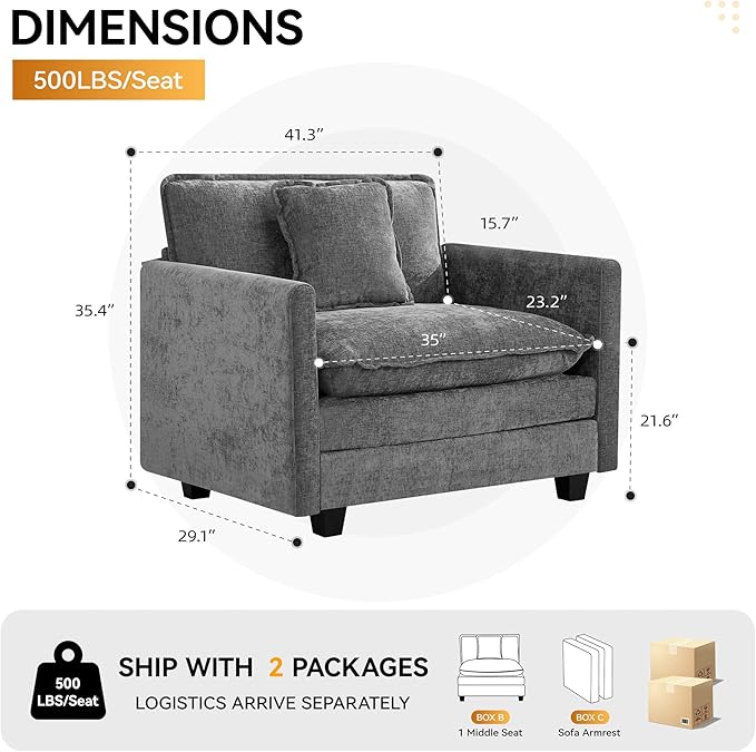 41'' Modern Chenille Oversized Chair, Upholstered Accent Living Room Chair with Extra Thicked Deep Seat, Single Lounge Chair for Bedroom, Small Apartment, Grey