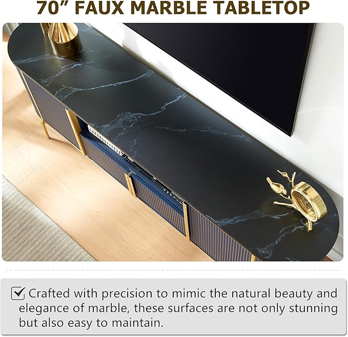 OKD Luxury 70" Fluted TV Stand, Modern Chic Entertainment Center for TVs Up to 80 inches, TV Console with Faux Marble Top, Curved Profile Design, Media Console for Living Room, Navy Blue