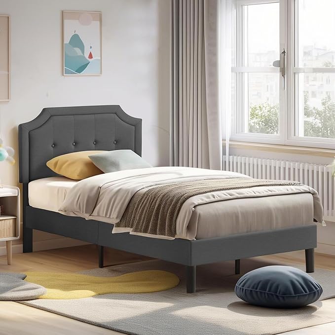 VECELO Twin Size Platform Bed Frame with Fabric Upholstered Headboard and Wooden Slats Support, No Box Spring Needed/Easy Assembly,Grey