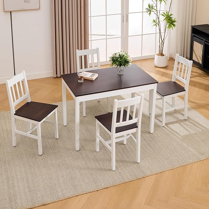 Dining Table Set for 4, 5 - Piece Kitchen Table Set 42.5 Inch Rectangular Dining Table with Chairs Solid Wood Dining Set for Kitchen/Dining Room,Home, Small Space, Apartment, Walnut