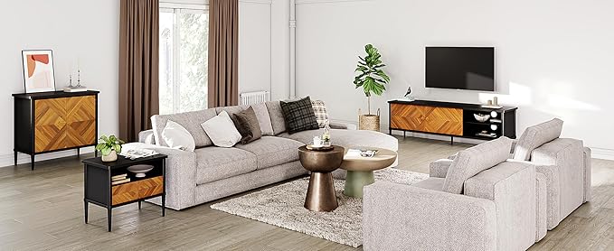 Lenia Solid Wood TV Stand – Mid-Century Modern Media Console with Chevron Doors, Adjustable Shelves & Cable Management – Wooden Entertainment Center – Teak Brown Finish