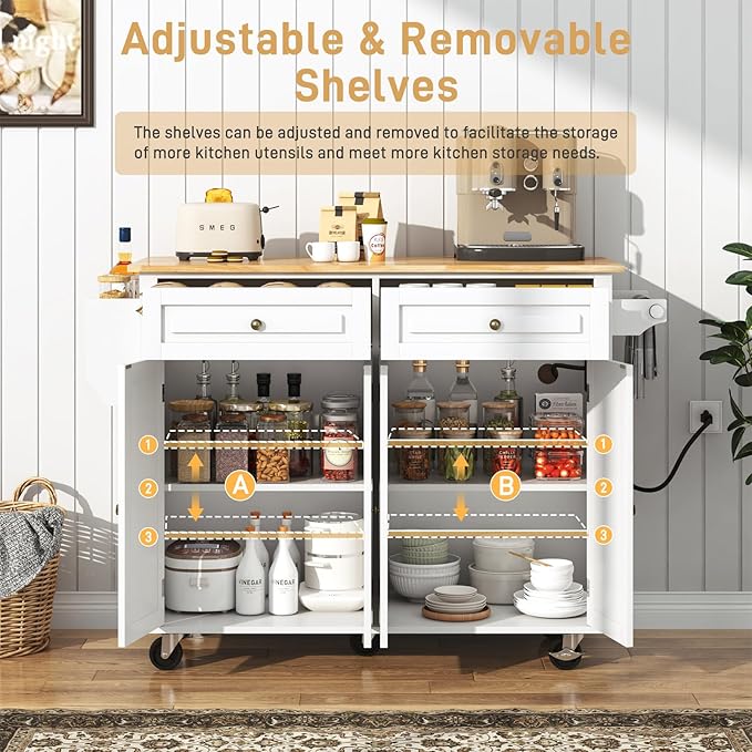 51.2" Movable Kitchen Island with Drop Leaf and Power Outlet, Rolling Island Cart w/Storage Cabinet, Island Table on Wheels for Kitchen w/2 Drawers, Spice Rack, Towel Bar, Garage Hook, White
