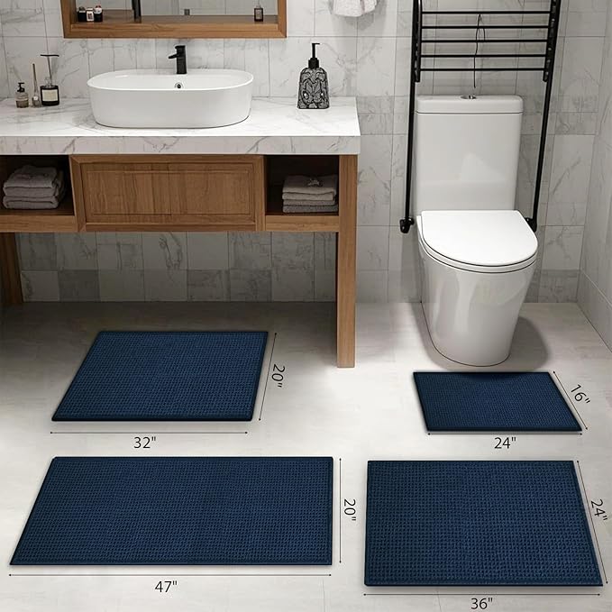 Bathroom Rugs Non Slip Washable, Super Absorbent Thin Bath Mat for Small Quick Dry Low Pile Bathroom Rug, (Navy Blue, 32″x20″)