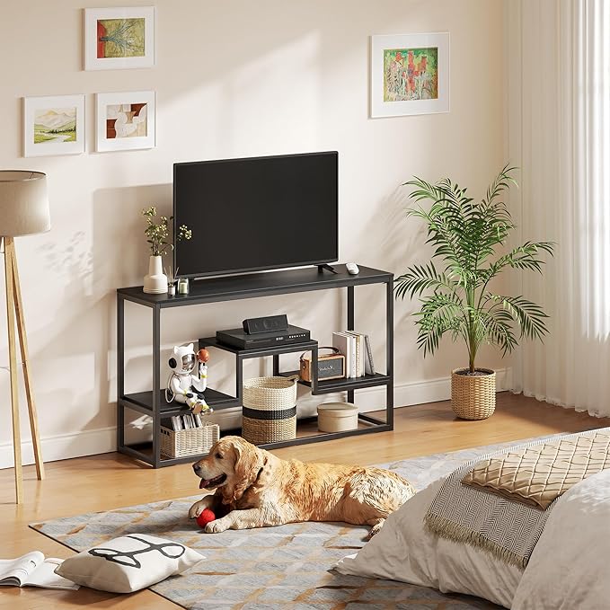 TV Stand for TVs up to 55 Inch, TV Console Table with 3-Tier Open Storage Shelves, Modern Industrial Entertainment Center for Living Room, Bedroom, Black