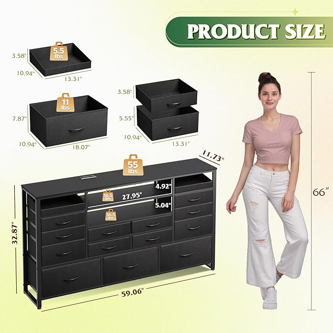 WLIVE Black TV Stand for 55, 60, 65 inch TV, Entertainment Center with LED Lights & Charging Station, TV Media Console Table with 15 Fabric Drawers and Open Shelves for Living Room, Hallway, Wood Topm