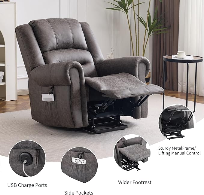 FLEXISPOT Power Lift Recliner Chair for Elderly with Massage & Heat, Faux Leather Electric Reclining Chair for Seniors with USB Ports, Cup Holders & Side Pockets(Medium Size,Charcoal Gray