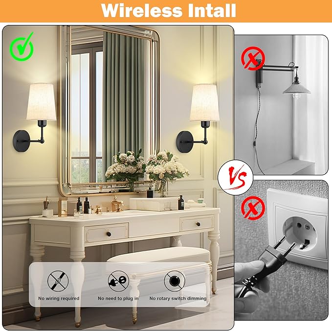 Battery Operated Wall Sconce Set of 2,Black Rechargeable Wall Lights with 5200mAh Dimmable RGB Bulbs and Remote Control,270°Rotation Wireless Wall Lamps for Indoor Bedroom Living Room Hallway