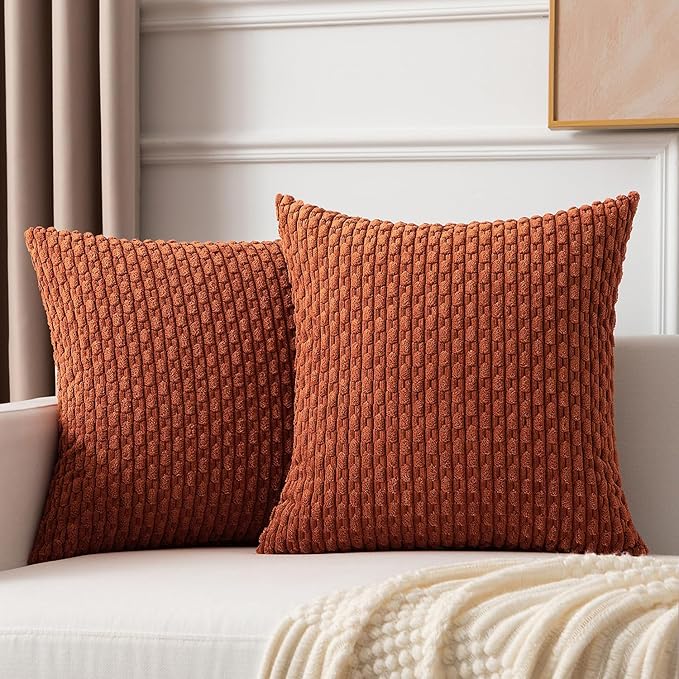 Kevin Textile 2 Packs Fall Boho Decorative Throw Pillow Covers 18x18 Inch for Living Room Couch Bed Sofa Rustic Modern Farmhouse Home Decor Soft Corduroy Square Cushion Case, Rust