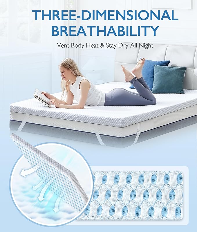 SINWEEK 3 Inch Full Size Cooling Memory Foam Mattress Topper for Pressure Relief, Thick Bed Mattress Pad with Cooling Soft Cover and Adjustable Straps, CertiPUR-US Certified