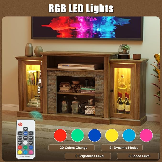 59 inch TV Stand, Farmhouse Entertainment Center with LED Lighted Display Cabinets, Console Table with Faux Flat Stone Texture for Living Room Bedroom,Antique Pine