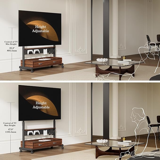 FITUEYES Rolling TV Stand with Drawers for 70 to 100 Large TV Screens，Mobile TV Floor Stand on Wheels with Ample Storage Pegboard & Wooden Shelf, Rolling TV Cart Hold up to 176 lbs, Max VESA 850 x 600