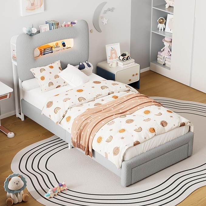GarveeHome Upholstered Twin Bed Frame with 2-Tier Storage Headboard, LED Platform Bed with Charging Station and Drawer for Kids/Girls/Boys, Heavy Duty Metal Support, No Box Spring Needed, Grey