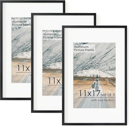 11x17 Metal Picture Frame for Wall With Mat for 8x12, 11''x17'' Aluminum Photo Frames With Tempered Glass for Home Decor, Minimalist Modern Poster Frame Horizontal And Vertical Formats, 3 PCs, Black