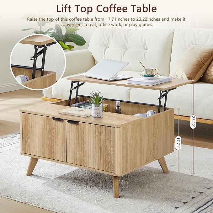 Fluted Lift Top Coffee Table with Large Hidden Compartment, 31.5” Wooden Center Table with Storage, Mid Century Modern Lift Tabletop Coffee Tables for Living Room Home Office, Natural