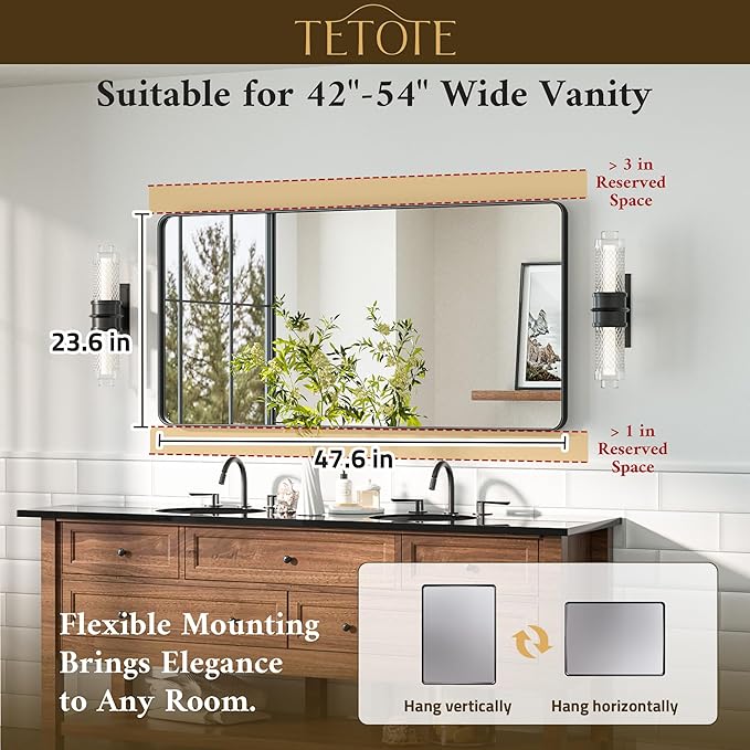 TETOTE Black Mirror 48 x 24 Vanity Mirrors for Wall Decor Matte Black Bathroom Mirrors, Tempered Glass, Modern Farmhouse Wall Mounted Mirror for Decorative(Horizontal/Vertical)