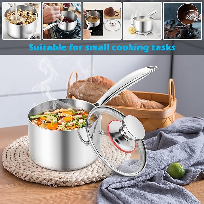 E-far 2-Quart Saucepan, Tri-Ply Stainless Steel Sauce Pan with Glass Lid, Small Cooking Induction Pot Compatible with All Cooktops, Non Toxic, Oven & Dishwasher Safe