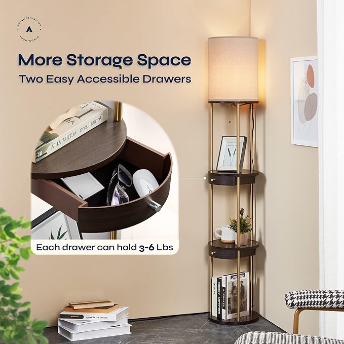ATAMIN 63" LED Floor Lamps for Living Room, Display Shelf for Collectibles, Room Storage Shelf with Drawer, Corner Lamp for Bedroom, Floor Lamp with Shelves