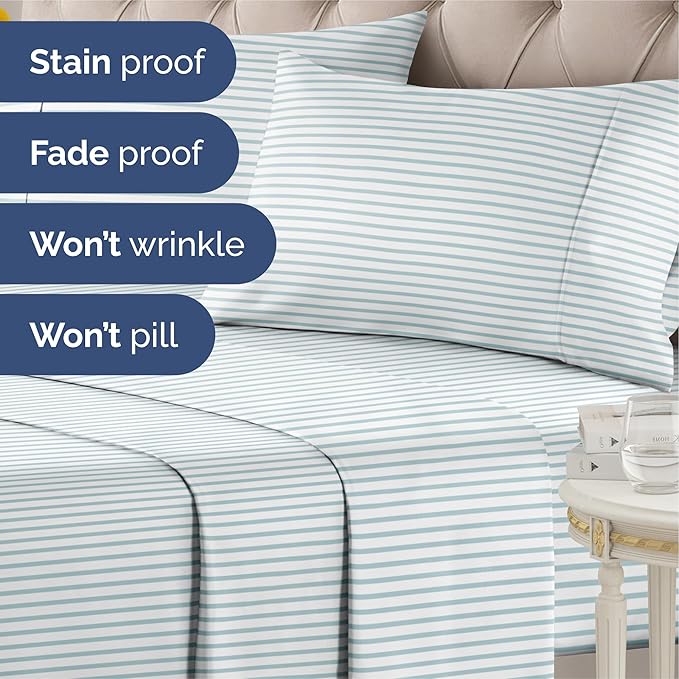 Striped Sheets - Blue & White Striped Sheets - 1 Flat & 1 Fitted & 2 Pillowcases w/ Deep Pockets – Wrinkle & Fade Free - Ultra-Soft, Breathable & Cooling - Luxury Pinstripe Bedding - Cal King Size Set