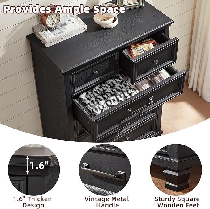 Farmhouse 6 Drawer Dresser for Bedroom, 45 Inch Tall Vintage Wood Chest of Drawers, Rustic Dressers w/Square Wooden Legs, Mid-Century Storage Organizer for Living Room, Hallway, Black
