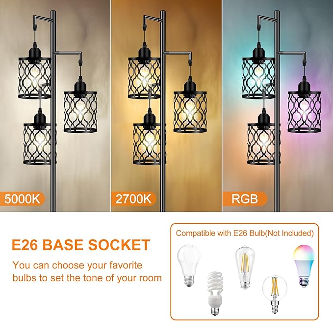 Industrial Floor Lamp, Metal Farmhouse Floor Lamp for Living Room, Rustic Standing Tall Lamps with 3 Elegant Cage Heads, Tree Floor Lamps for Bedrooms, Home Office, Bar, 68", Black, Bulb Not Included