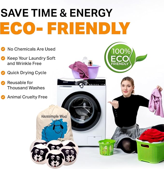 Wool Dryer Balls Organic Felt 6 Pack Laundry Fabric Softener, Extra Large Reusable Handmade Natural Sheep Wool Lint Wrinkle Free Anti Static Baby Safe (Black White Dog)