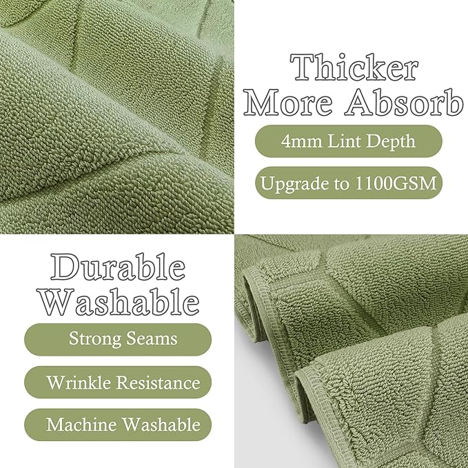 2PC Cotton Bath Mats Set [Not Bath Rug]– Hotel Quality | 1100GSM Thick | 19"x30" |100% Cotton, Soft Terry Cloth Bath Mat for Bathroom Floor, Washable & Absorbent, Green Bathroom Essentials