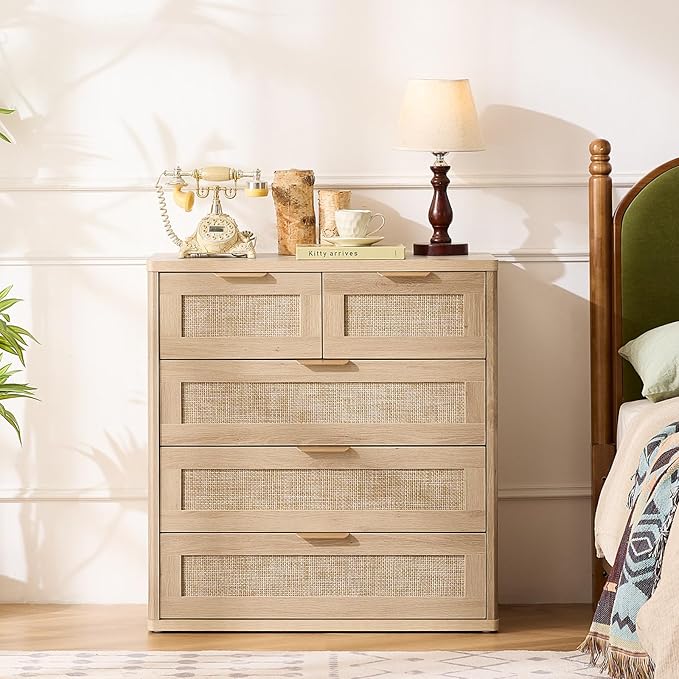 LEYAOYAO Rattan Dresser for Bedroom Set of 2, 33.5" Tall Chest of Drawers, Modern 5 Drawers Boho Dressers with Storage, Light Oak Dresser Wooden Closet Organizer for Living Room, Hallway, Natural Wood
