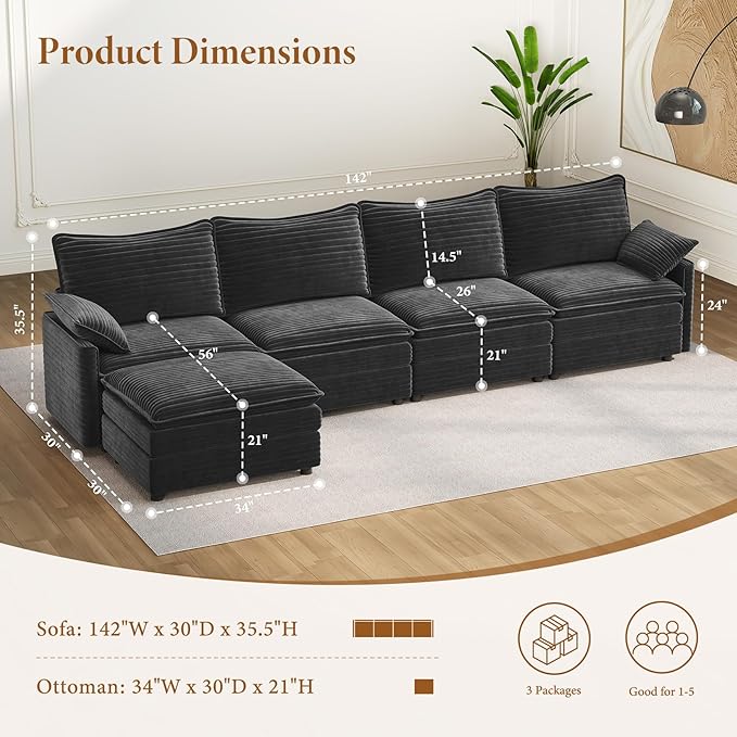 Vesgantti 142" Cloud Couch Sectional Modular Sofa, Comfy Sectional Couch with Ottoman Deep Seat Corduroy L Shaped Sofa, Modular Couches for Living Room, Bedroom and Apartment, Gray