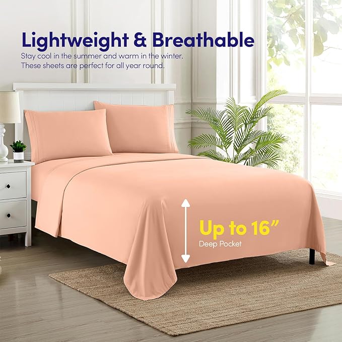 1500 Supreme Collection Queen Sheet Sets Peach - Luxury Hotel Bed Sheets and Pillowcase Set for Queen Mattress - Extra Soft, Elastic Corner Straps, Deep Pocket Sheets, Queen Peach