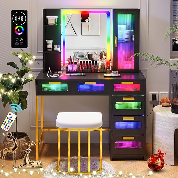 HNEBC Black LED Vanity, Makeup Vanity with RGB Lights and 6 Drawers for Bedroom, Makeup Desk with USB/Wireless Charging, Dressing Table with Shelves/Cabins/Stool, Vanity Table Set as Gifts for Girls