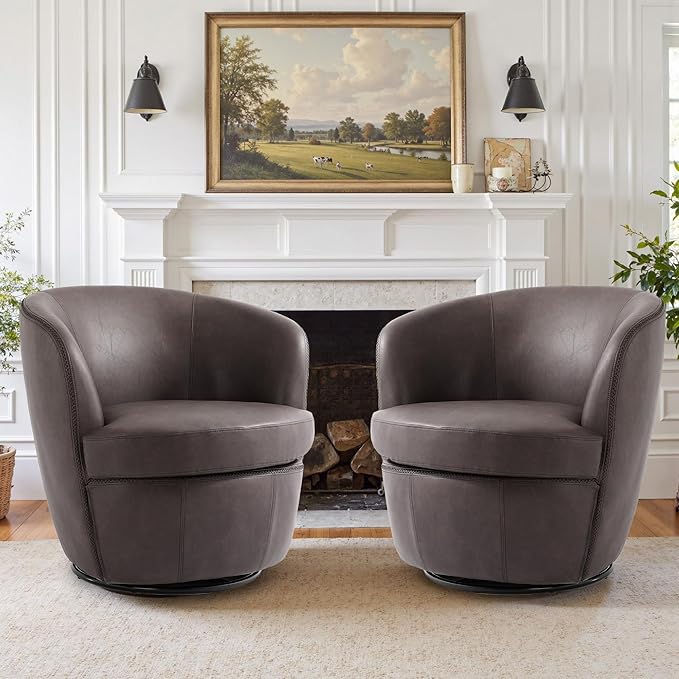 Swivel Barrel Chair, Modern Round PU Leather Accent Armchair for Living Room, Bedroom, Comfy Club Reading Chairs for Adults (Leather Chocolate, Set of 1)