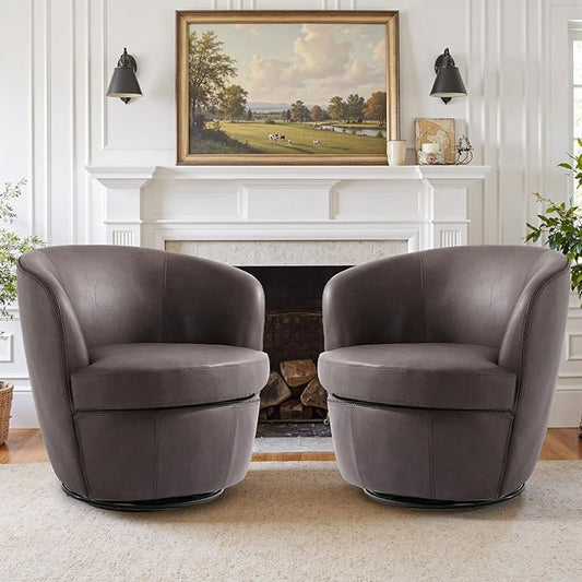 Swivel Barrel Chair, Modern Round PU Leather Accent Armchair for Living Room, Bedroom, Comfy Club Reading Chairs for Adults (Leather Chocolate, Set of 2)