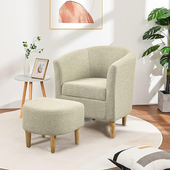 DAZONE Accent Chair Set of 2 Mid Century Modern Chair with Ottoman Comfy Armchair Footrest Set Comfortable Living Room Chairs Upholstered Barrel Club Tub Sofa Chair for Bedroom Reading Room Beige