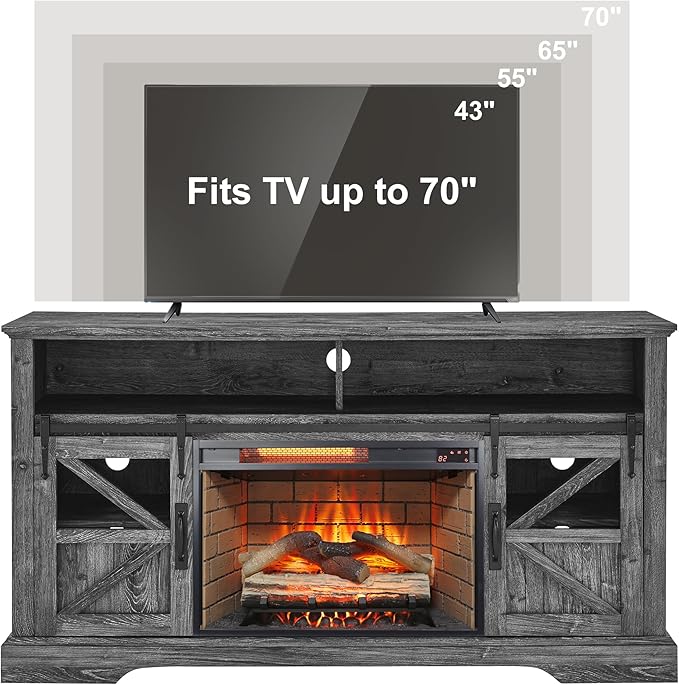 Fireplace TV Stand with Auto-Power-Off Door Sensor, Farmhouse 70" TV Console, Media Entertainment Center with Sliding Barn Door, Adjustable Shelves, Fireplace Heater, Dark Rustic Oak