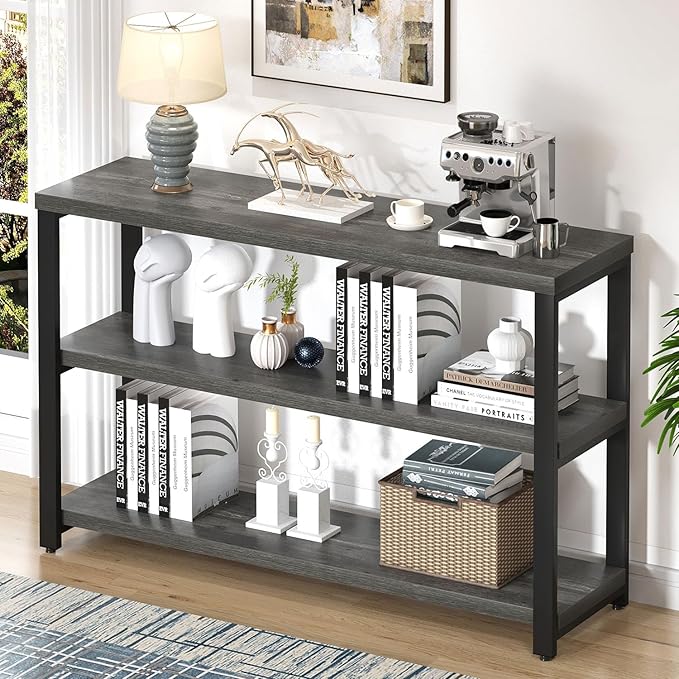 EXCEFUR Rustic Console Tables for Entryway, Sofa Table with 3 Tier Storage Shelves, Couch Table for Living Room Hallway, Industrial Grey