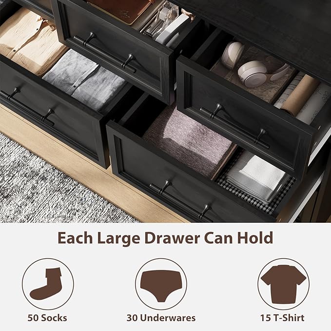 Black Dresser for Bedroom, 10 Drawer Dresser, 59" Wide Chest of Drawers w/Brushed Metal Handle, Wood Closet Organizers and Storage Cabinet for Bedroom, Living Room, Hallway