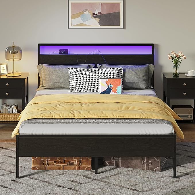 Rolanstar Full Bed Frame with Headboard, Bed Frame Full with LED Lights, Camas Full Size Bed with Charging Station, Solid Metal Slats, Noise Free, No Box Spring Needed, Black