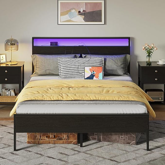 Rolanstar Full Bed Frame with Headboard, Bed Frame Full with LED Lights, Camas Full Size Bed with Charging Station, Solid Metal Slats, Noise Free, No Box Spring Needed, Black