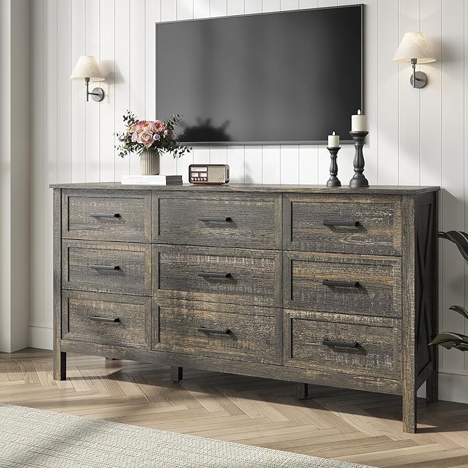Farmhouse 9 Drawers Dresser for Bedroom, Wood Rustic Wide Chest with Natural Texture, Farmhouse Chest of Drawers for Bedroom, Hallway, Entryway, Dark Brown