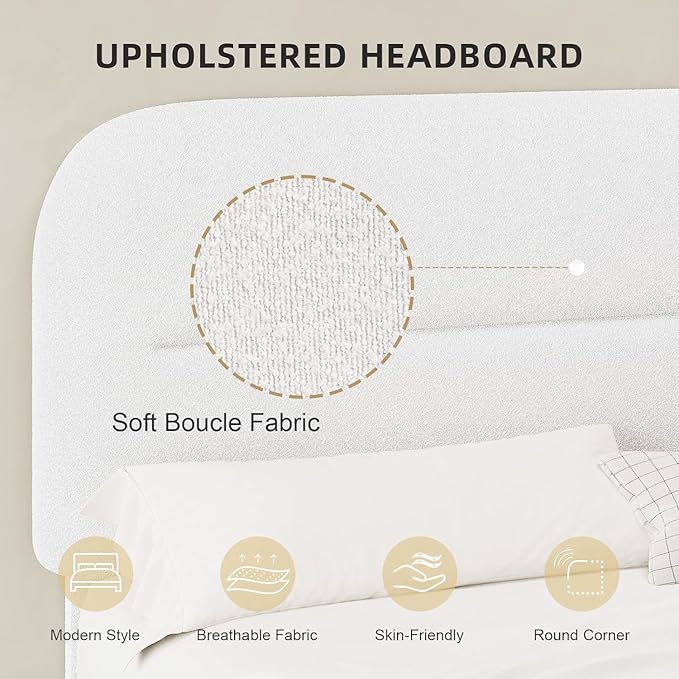 HOMBCK King Size Boucle Bed Frame, White Upholstered Platform Bed Frame King with Soft Headboard, Thickened Footboard, Rounded Corners, No Box Spring Required, Easy Assembly, White