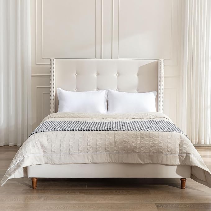 GDFStudio Tall Headboard Upholstered Bed,Queen Size Platform Bed Frame with Headboard Nailhead Trim Wingback,54" High No Box Spring Needed Easy Assembly Traditional Hand Buttoned Tufting Ivory Velvet