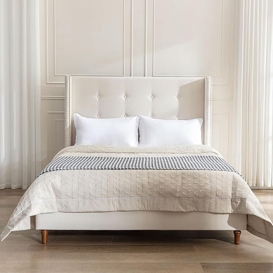 GDFStudio Tall Headboard Upholstered Bed,Queen Size Platform Bed Frame with Headboard Nailhead Trim Wingback,54" High No Box Spring Needed Easy Assembly Traditional Hand Buttoned Tufting Ivory Velvet