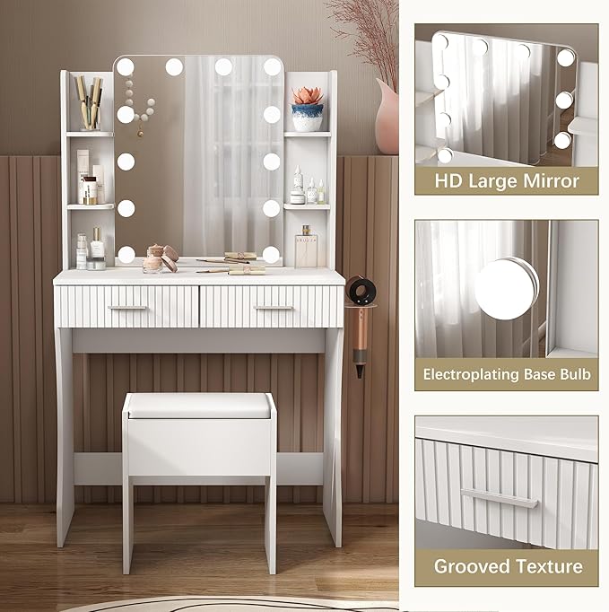 Small Vanity Desk with Mirror and Lights, Makeup Vanity Desk with 3 Color Modes Adjustable Bulb, 2 Large Drawers and 4 Open Storage Shelves, White Vanity with Charging Station for Bedroom