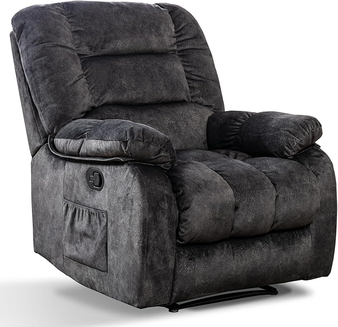 ANJHOME Overstuffed Massage Recliner Chairs with Heat and Vibration, Soft Fabric Single Manual Reclining Chair for Living Room Bedroom (Grey)