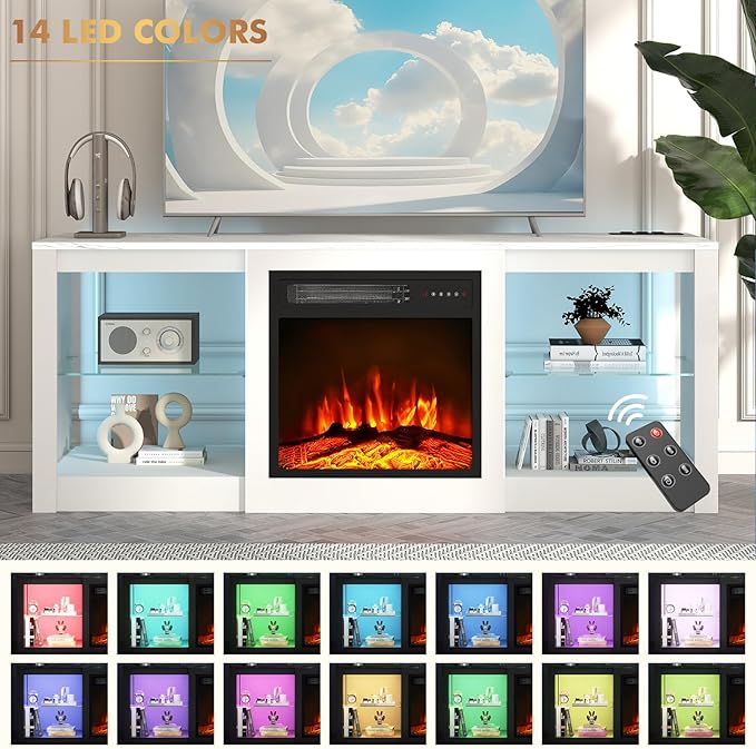 Ludatido 58 Inch TV Stand with 18 inch Fireplace Insert LED Light Entertainment Center Electric Fireplace TV Stand with USB&AC Power Interface for Living Room/Bedroom/Media Room Use(White)