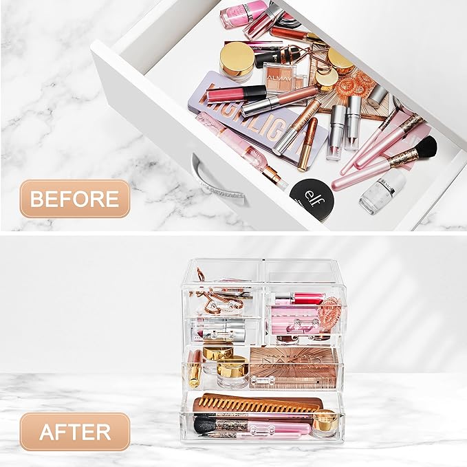 Sorbus Clear Makeup Organizer Display - Stylish Organization and Storage Case for Cosmetics, Jewelry & Hair Accessories - Space Saving Makeup Organizer for Vanity & Bathroom (2 Large, 4 Small Drawers)