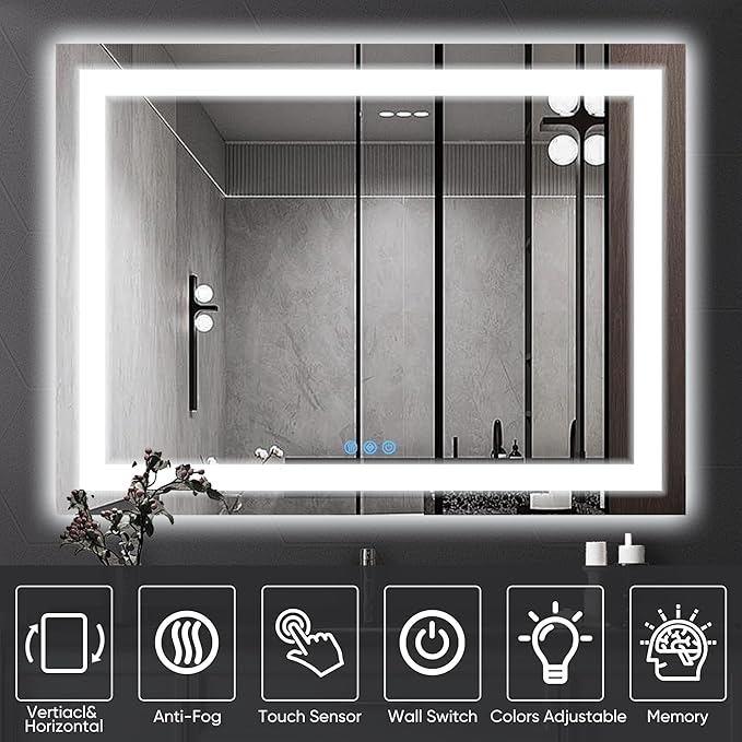 Antok 36"x 48" LED Bathroom Mirror with Lights, Anti-Fog, Dimmable, Lighted Vanity Mirror with Tempered Glass, Memory Function, 3 Light Modes, Safe Use, Horizontal, Vertical