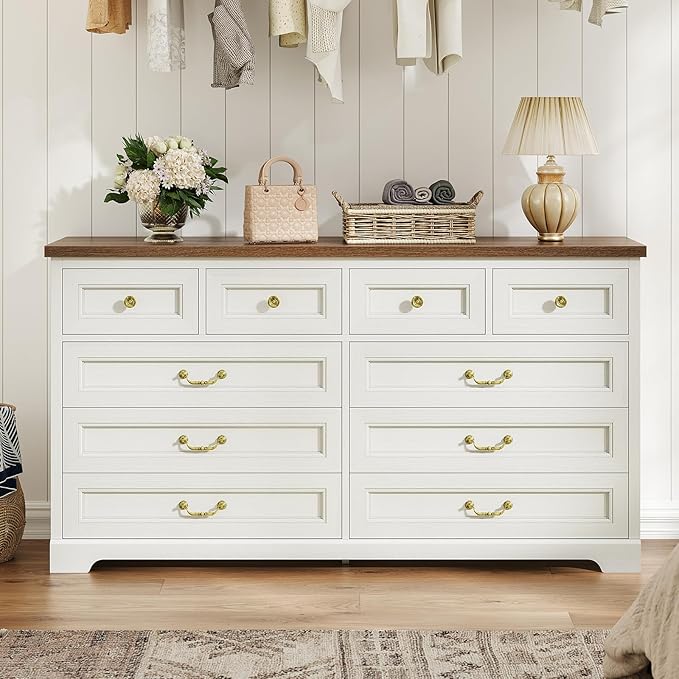 DICTAC 10 Drawers Dresser for Bedroom,55" Wide Farmhouse Dresser with Natural Texture and Vintage Metal Handles, Rustic Wood Chest of Drawers for Bedroom, Living Room, Hallway,White